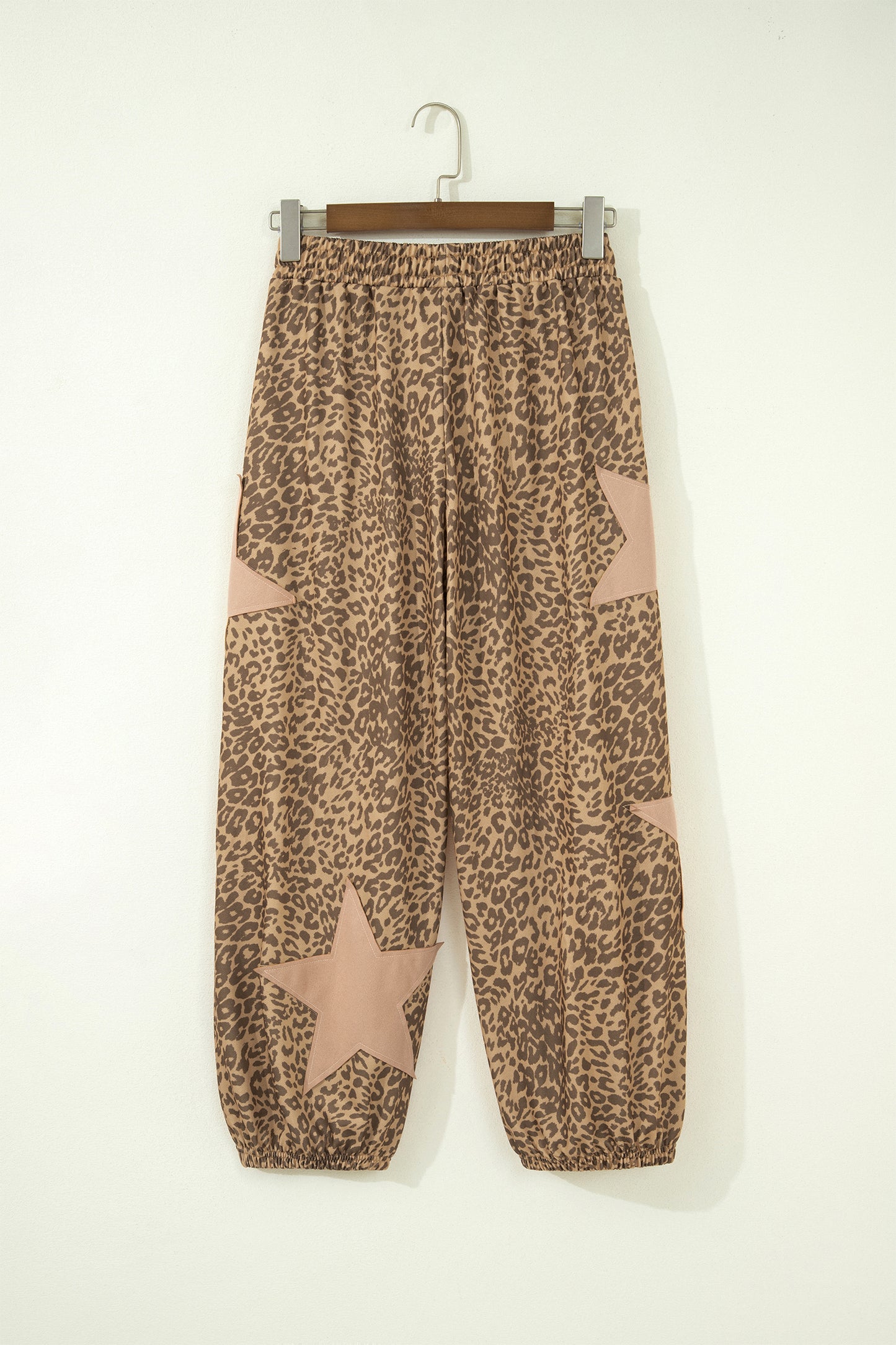 Khaki Leopard Print Star Patched Drawstring Elastic Waist Jogger Pants