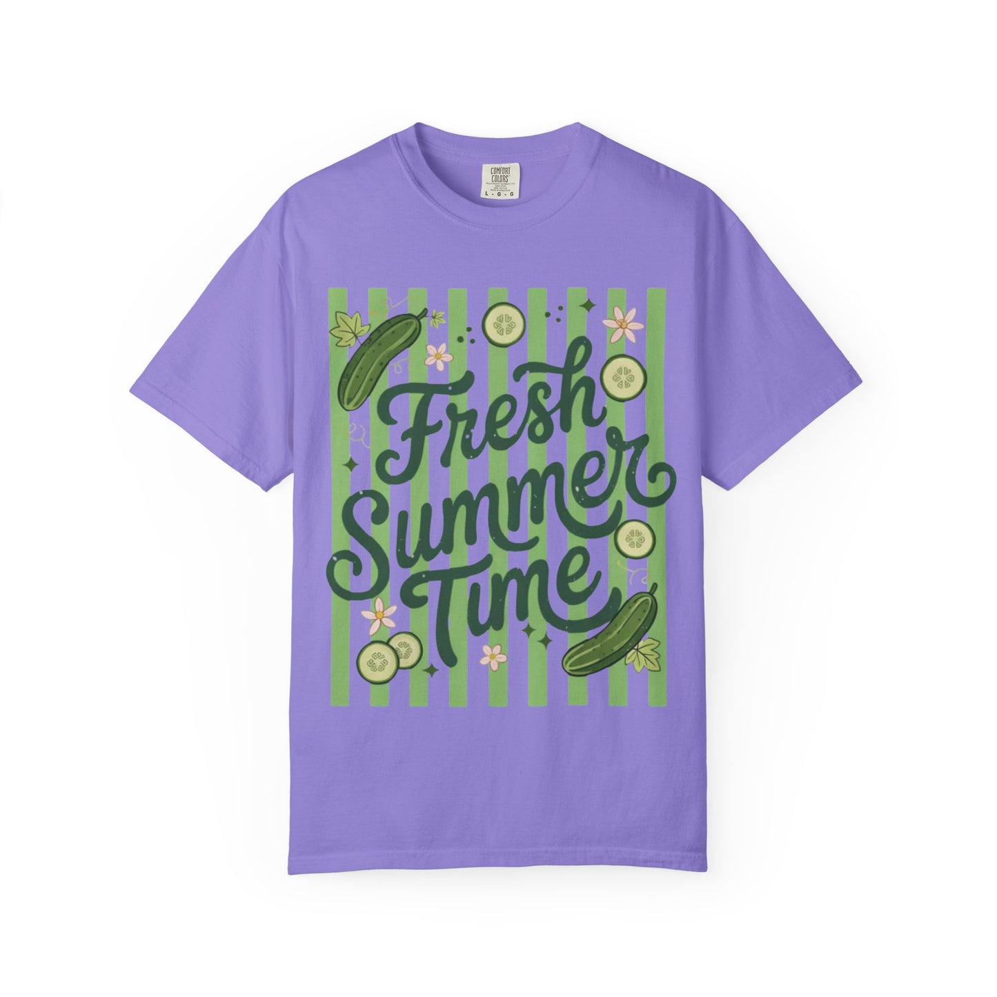 Fresh Summer Time T-Shirt — Green Stripes & Cucumber Graphic