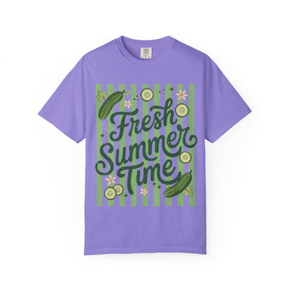 Fresh Summer Time T-Shirt — Green Stripes & Cucumber Graphic