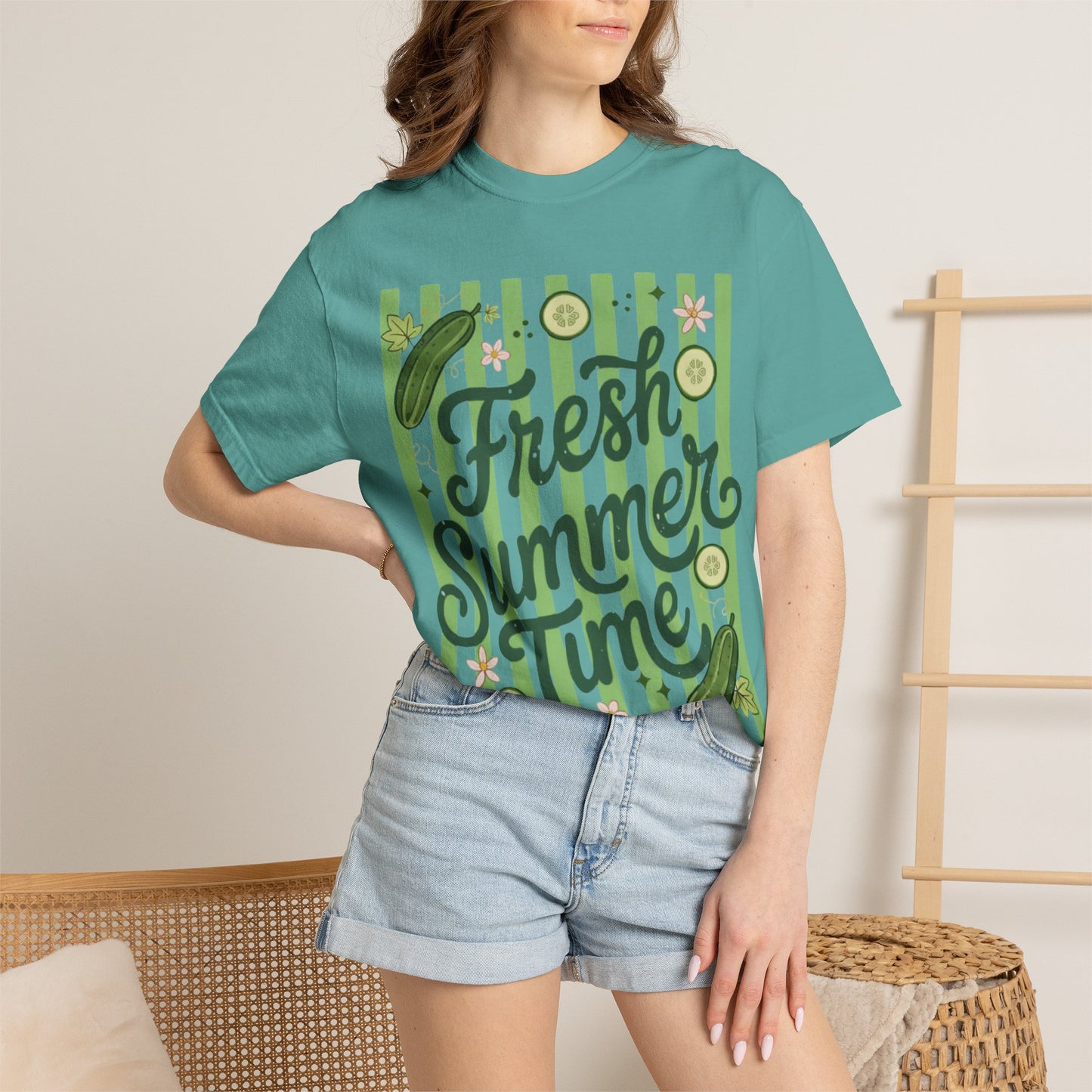 Fresh Summer Time T-Shirt — Green Stripes & Cucumber Graphic