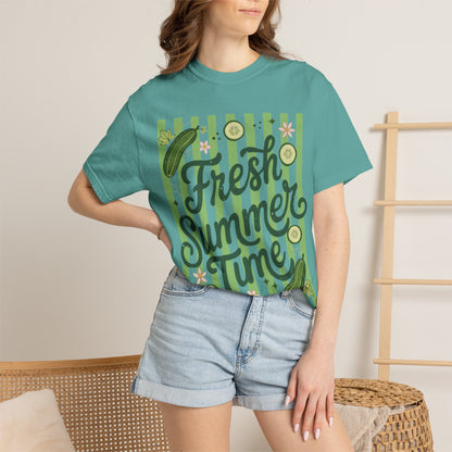 Fresh Summer Time T-Shirt — Green Stripes & Cucumber Graphic