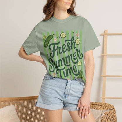 Fresh Summer Time T-Shirt — Green Stripes & Cucumber Graphic