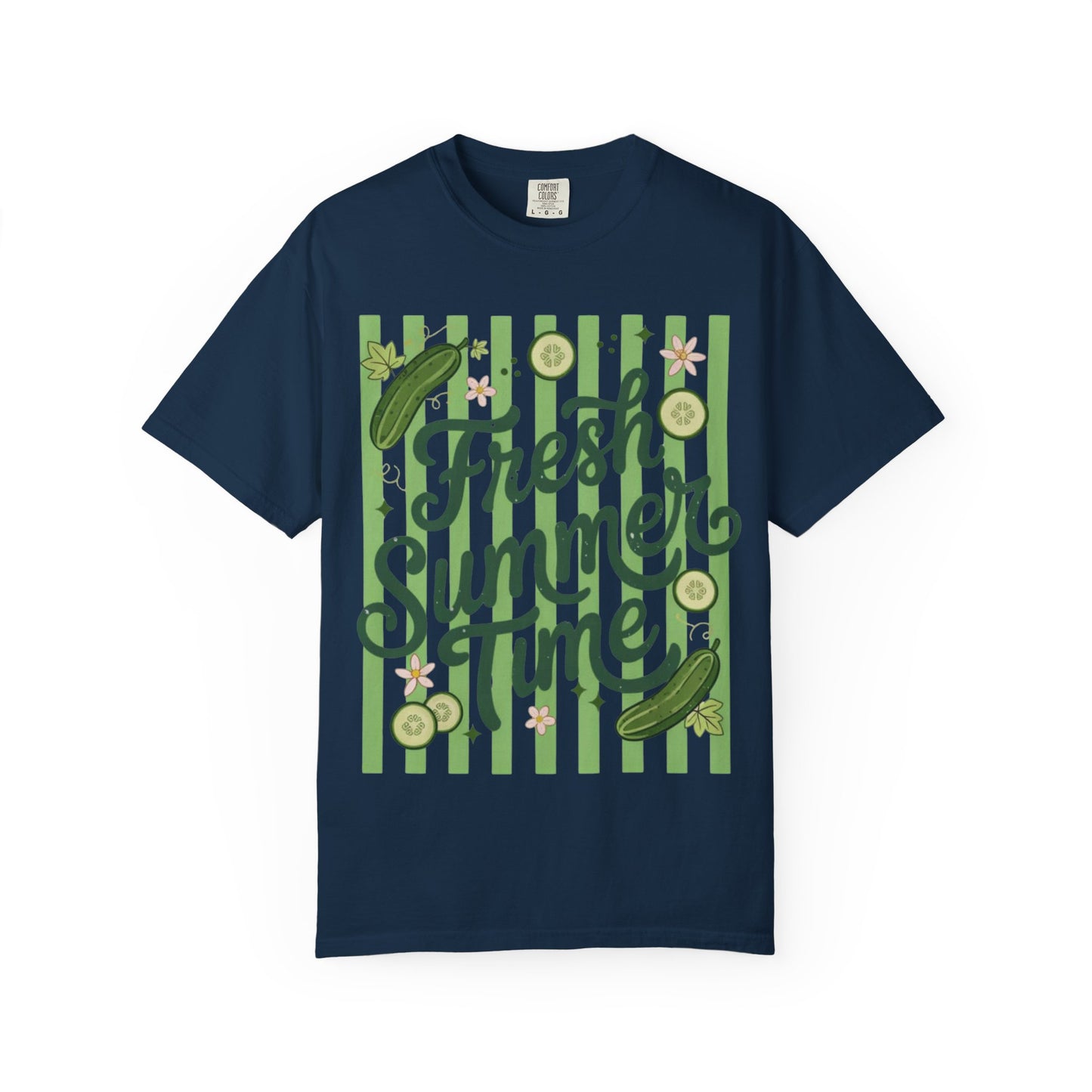 Fresh Summer Time T-Shirt — Green Stripes & Cucumber Graphic
