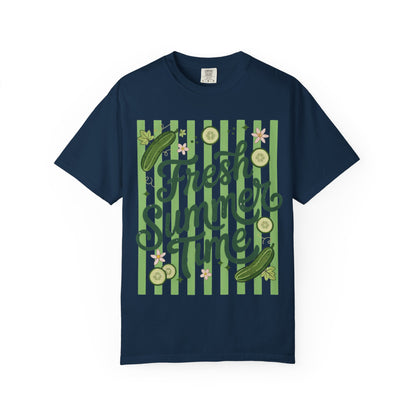 Fresh Summer Time T-Shirt — Green Stripes & Cucumber Graphic