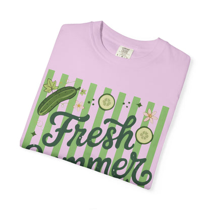 Fresh Summer Time T-Shirt — Green Stripes & Cucumber Graphic