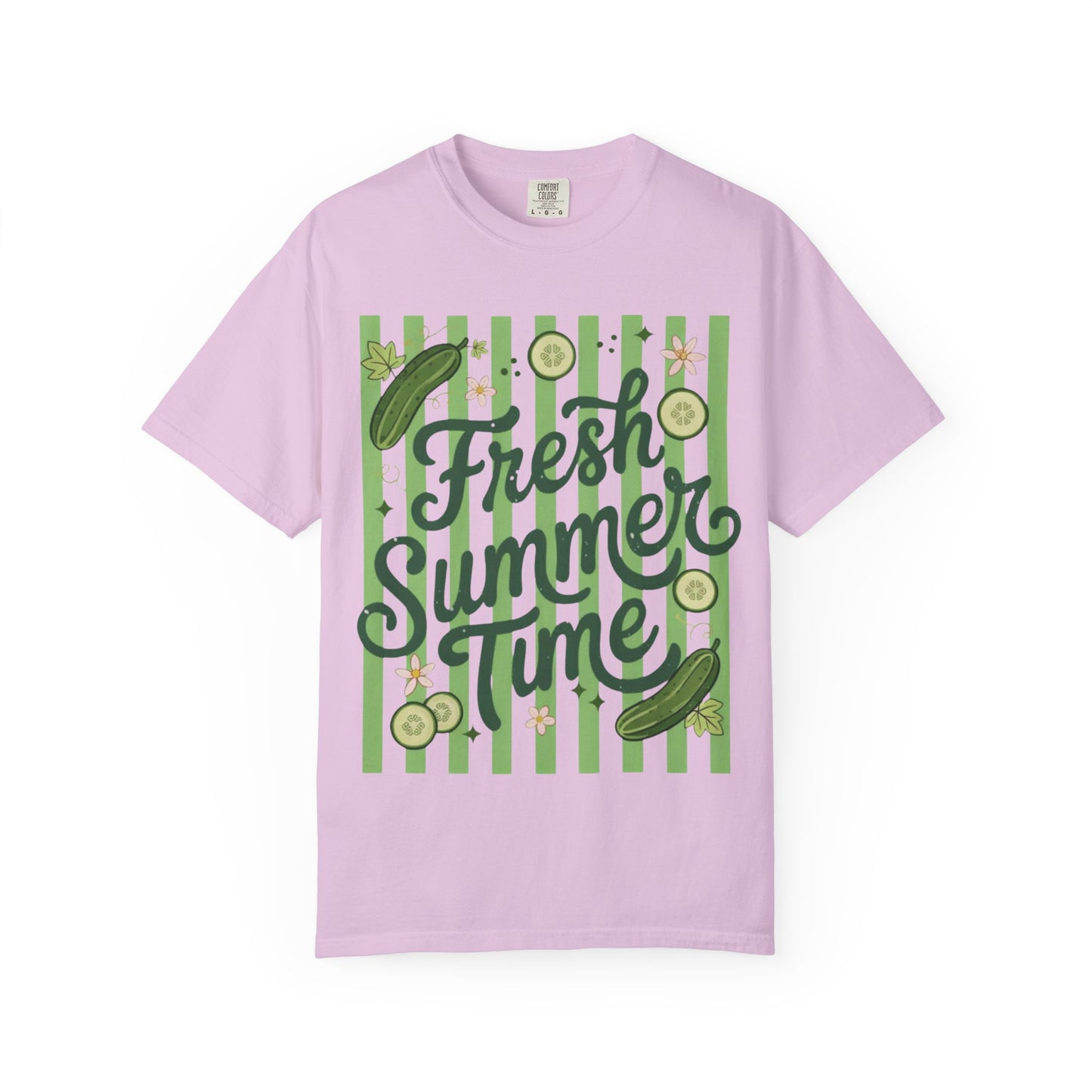 Fresh Summer Time T-Shirt — Green Stripes & Cucumber Graphic