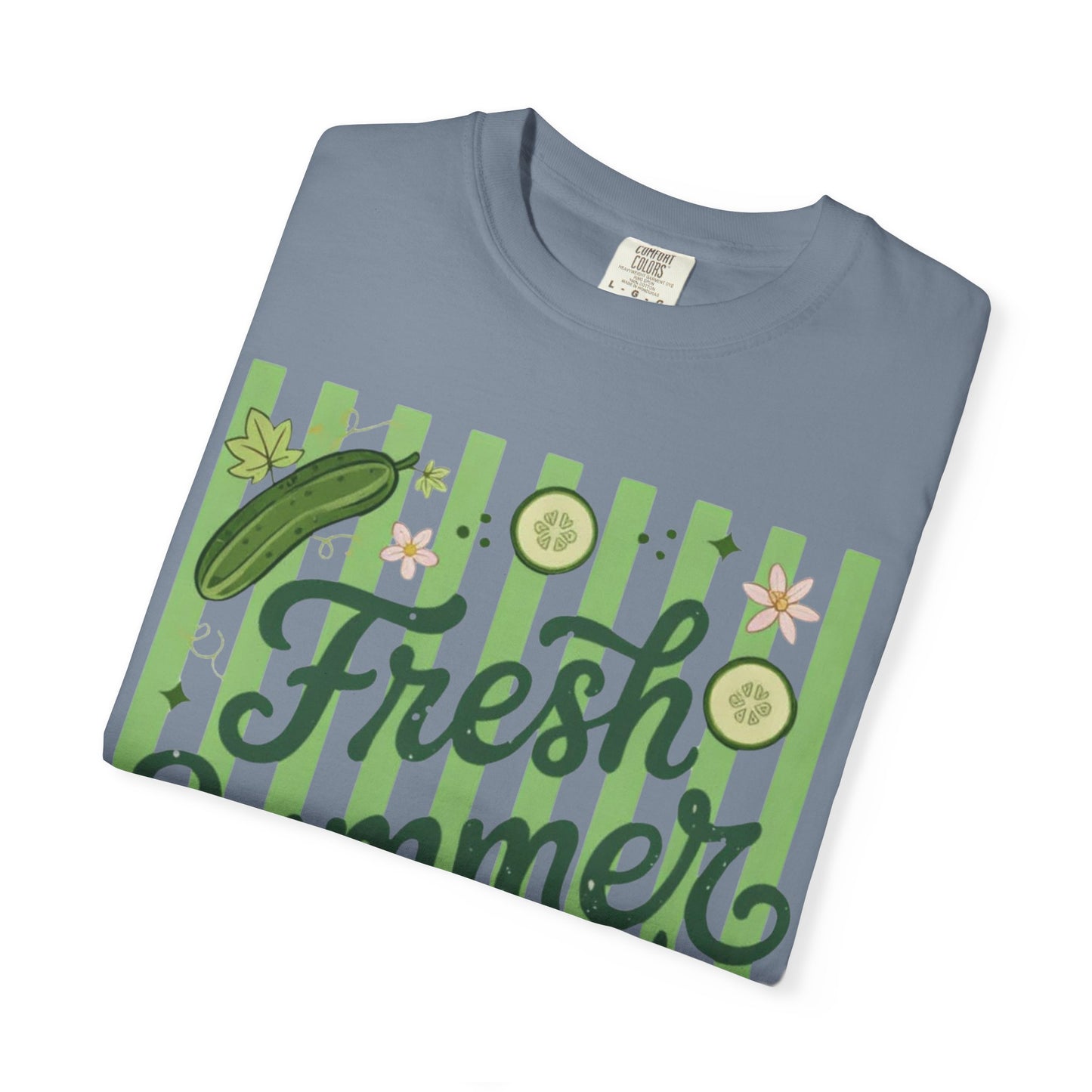 Fresh Summer Time T-Shirt — Green Stripes & Cucumber Graphic