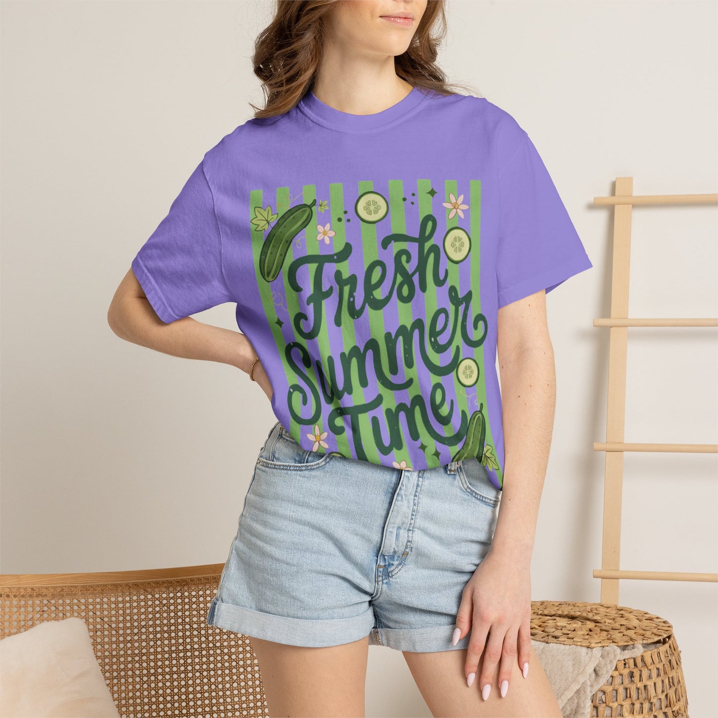 Fresh Summer Time T-Shirt — Green Stripes & Cucumber Graphic