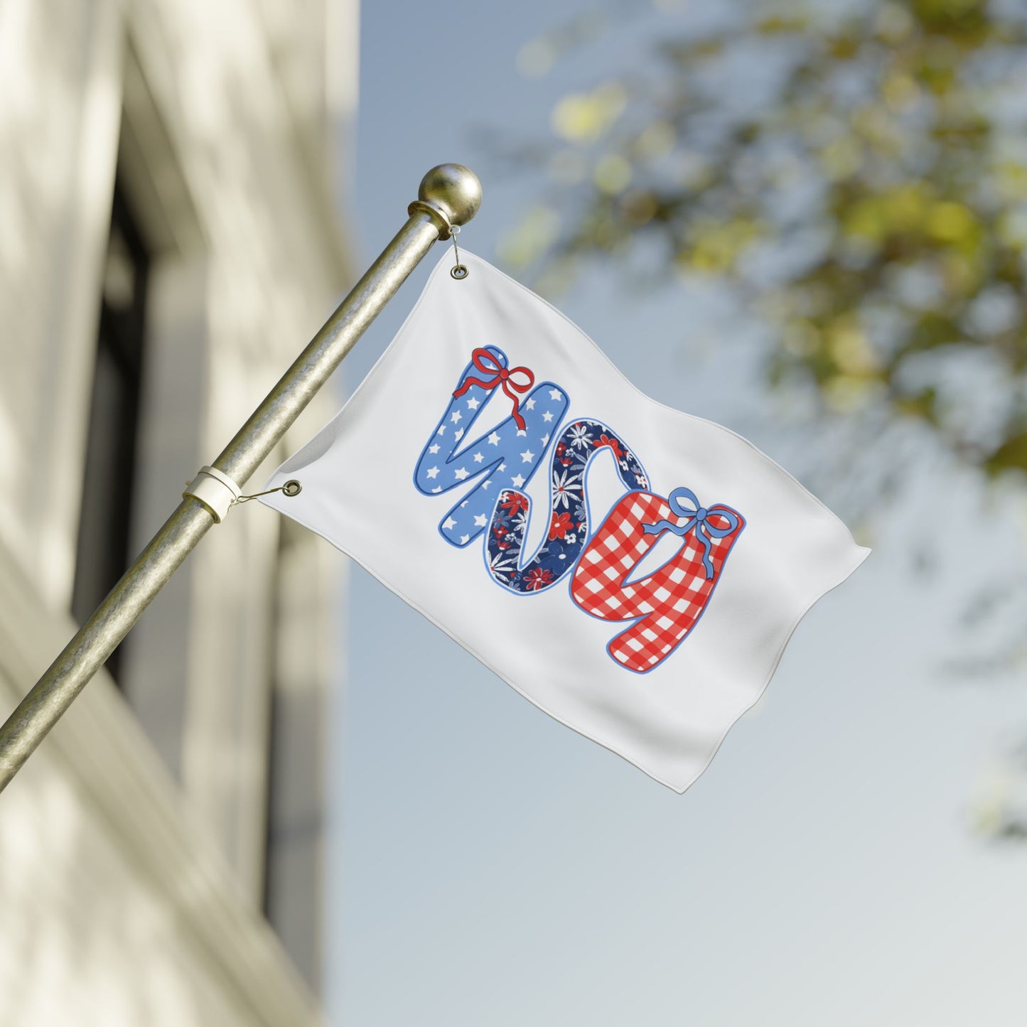 Patriotic USA Double-Sided Garden Flag - Red White Blue Ribbon Letters (4th of July)