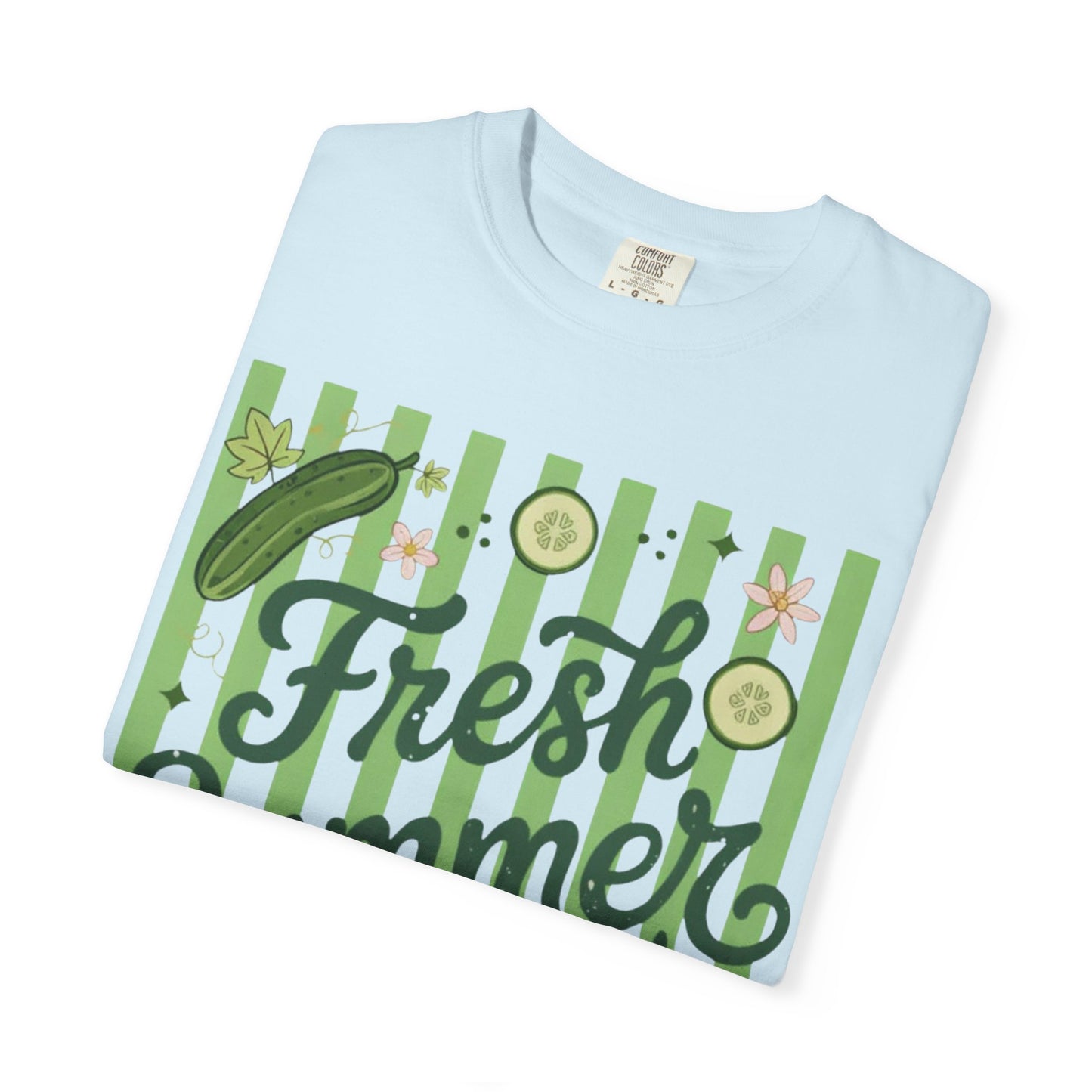 Fresh Summer Time T-Shirt — Green Stripes & Cucumber Graphic