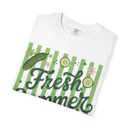 Fresh Summer Time T-Shirt — Green Stripes & Cucumber Graphic