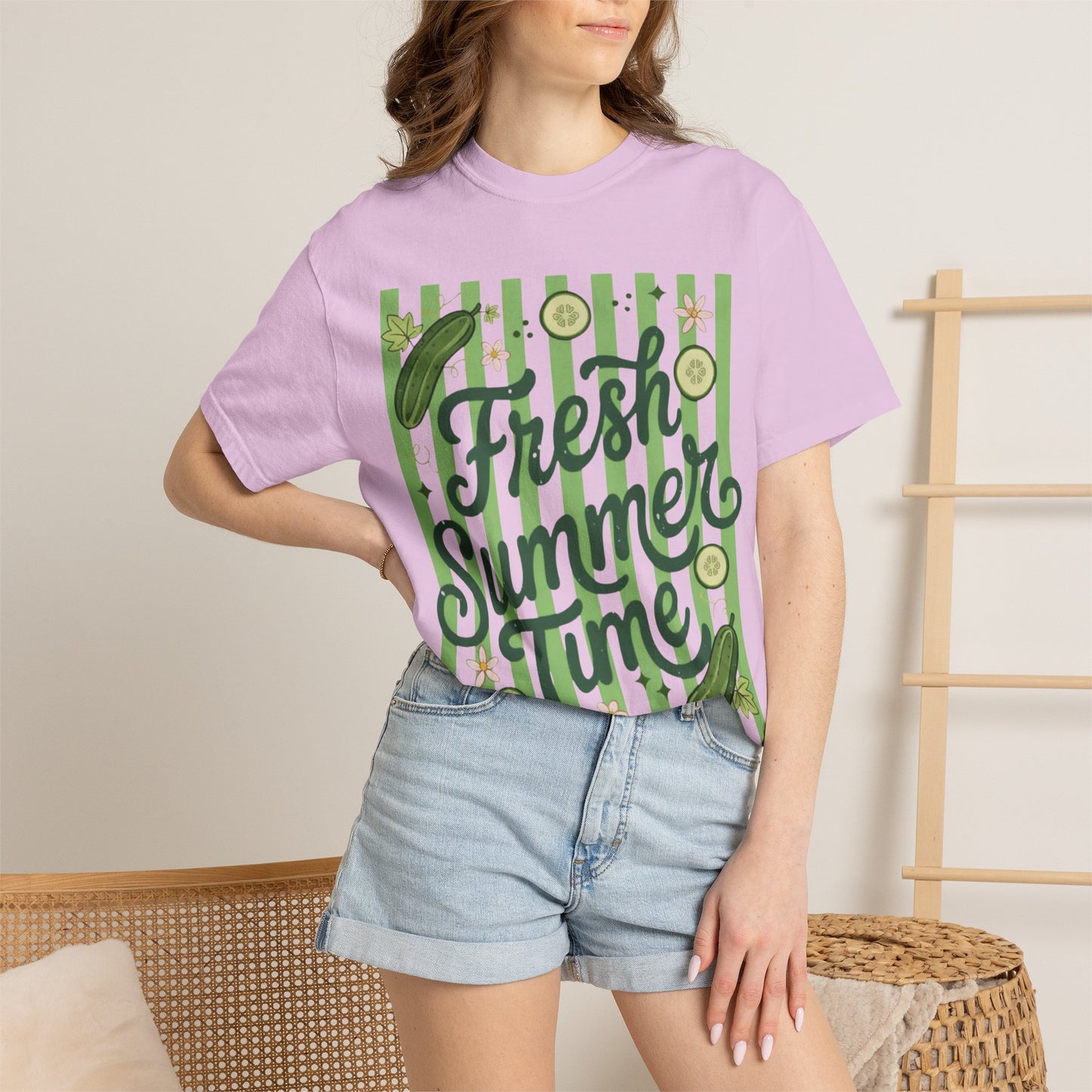Fresh Summer Time T-Shirt — Green Stripes & Cucumber Graphic