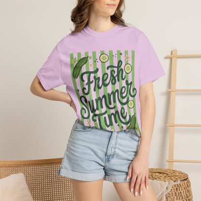 Fresh Summer Time T-Shirt — Green Stripes & Cucumber Graphic