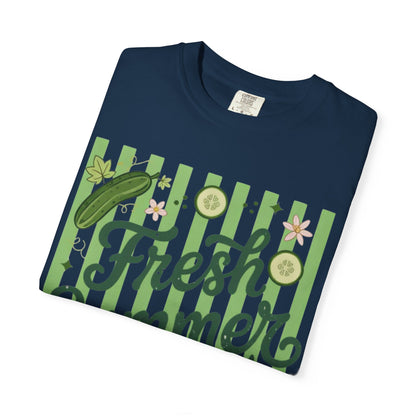 Fresh Summer Time T-Shirt — Green Stripes & Cucumber Graphic
