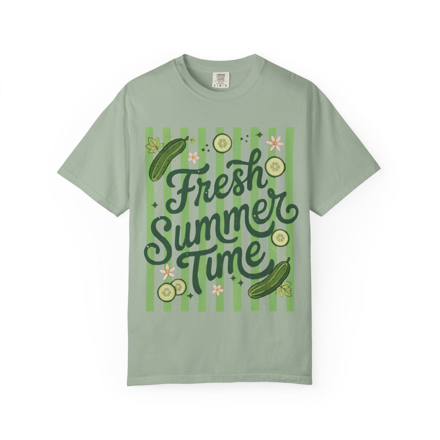 Fresh Summer Time T-Shirt — Green Stripes & Cucumber Graphic