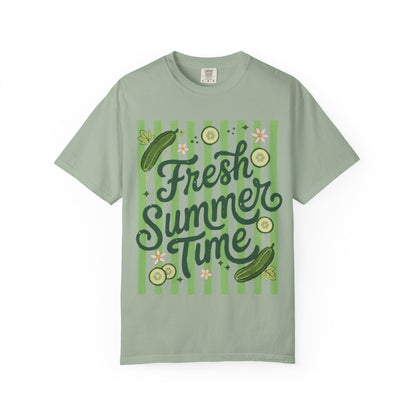 Fresh Summer Time T-Shirt — Green Stripes & Cucumber Graphic