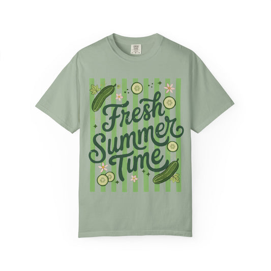 Fresh Summer Time T-Shirt — Green Stripes & Cucumber Graphic