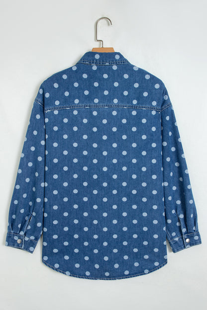 Blue Polka Dot Long Sleeve Collar Shift Tunic Denim Jacket