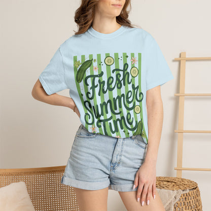Fresh Summer Time T-Shirt — Green Stripes & Cucumber Graphic