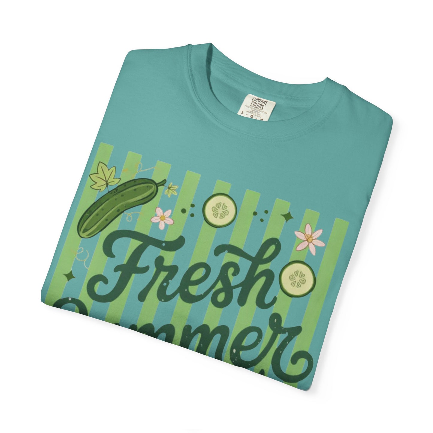Fresh Summer Time T-Shirt — Green Stripes & Cucumber Graphic