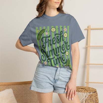 Fresh Summer Time T-Shirt — Green Stripes & Cucumber Graphic