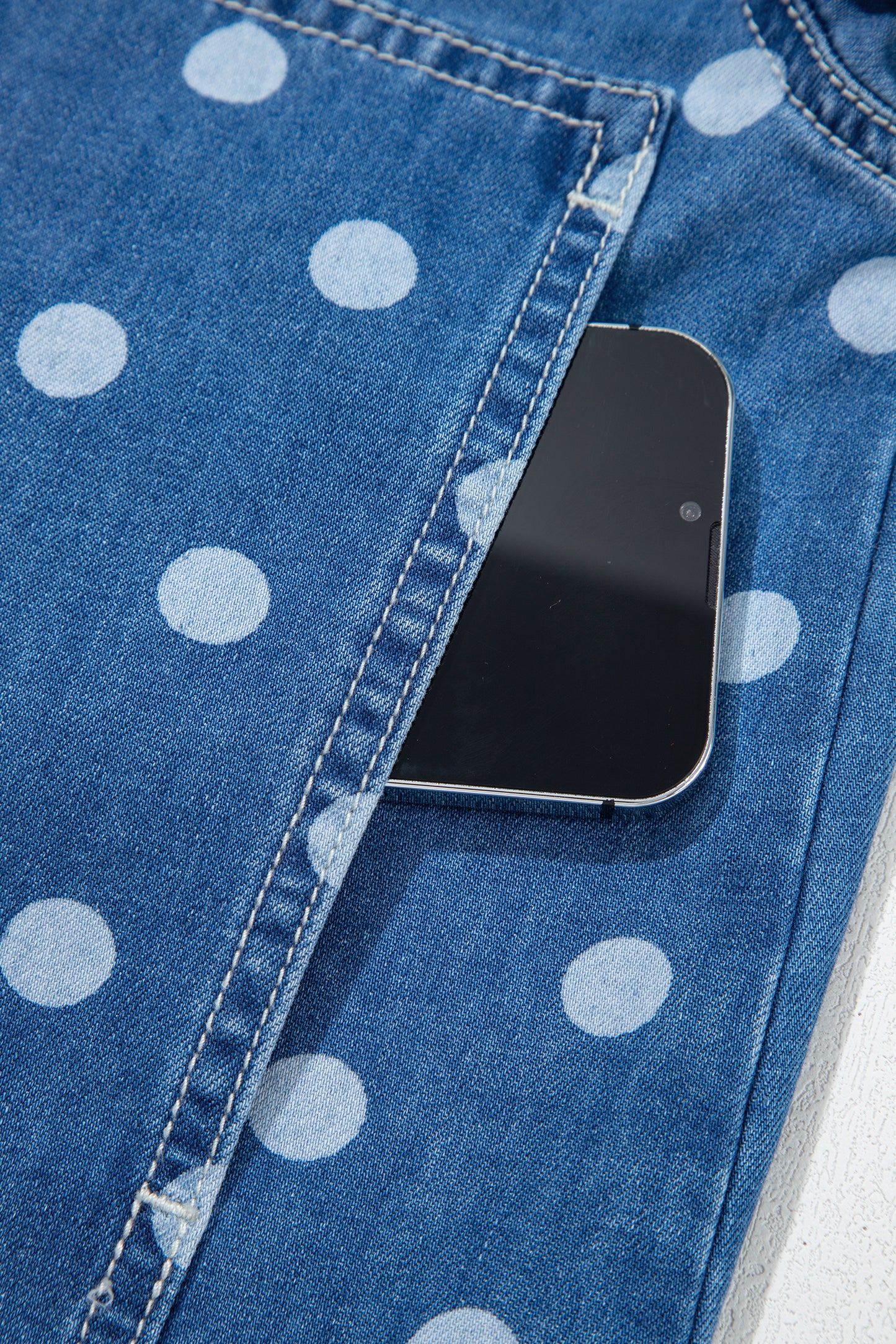 Blue Polka Dot Long Sleeve Collar Shift Tunic Denim Jacket