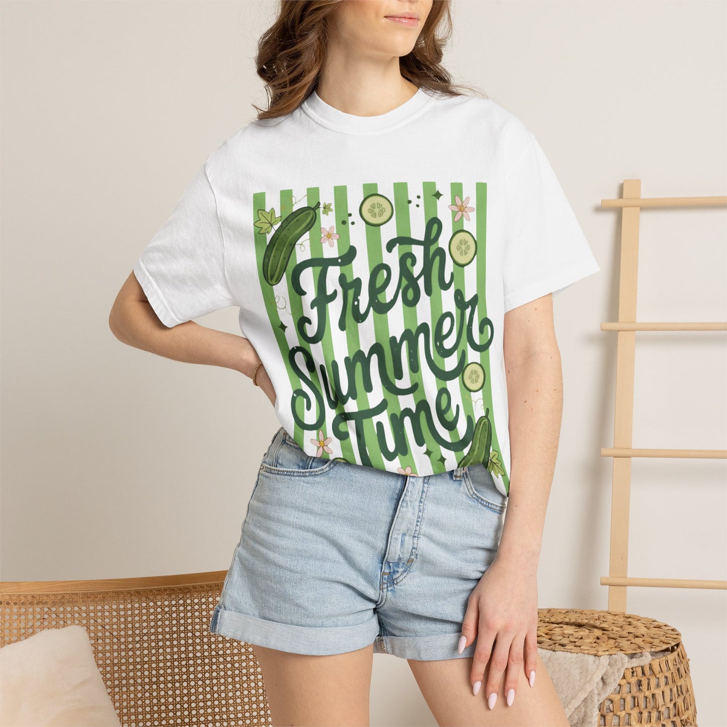 Fresh Summer Time T-Shirt — Green Stripes & Cucumber Graphic