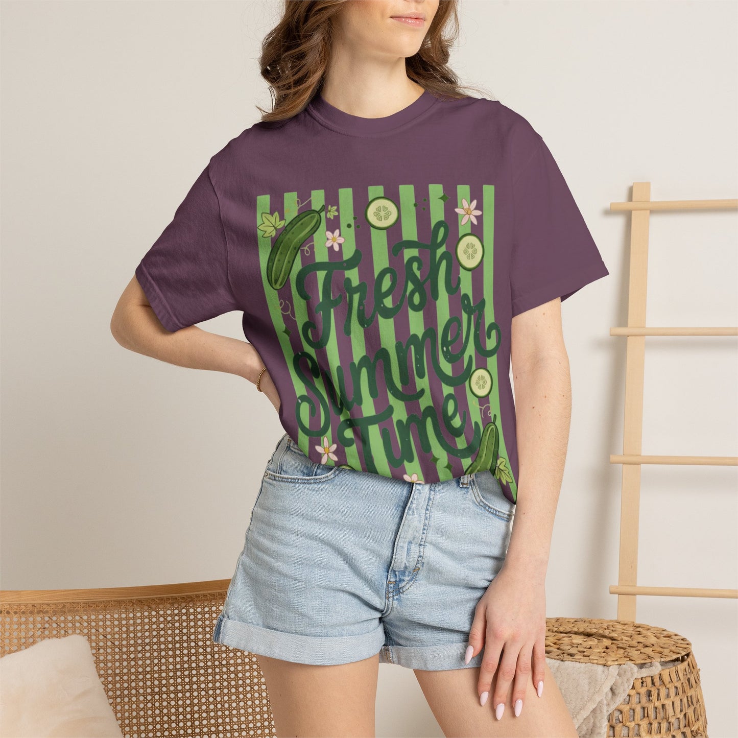 Fresh Summer Time T-Shirt — Green Stripes & Cucumber Graphic
