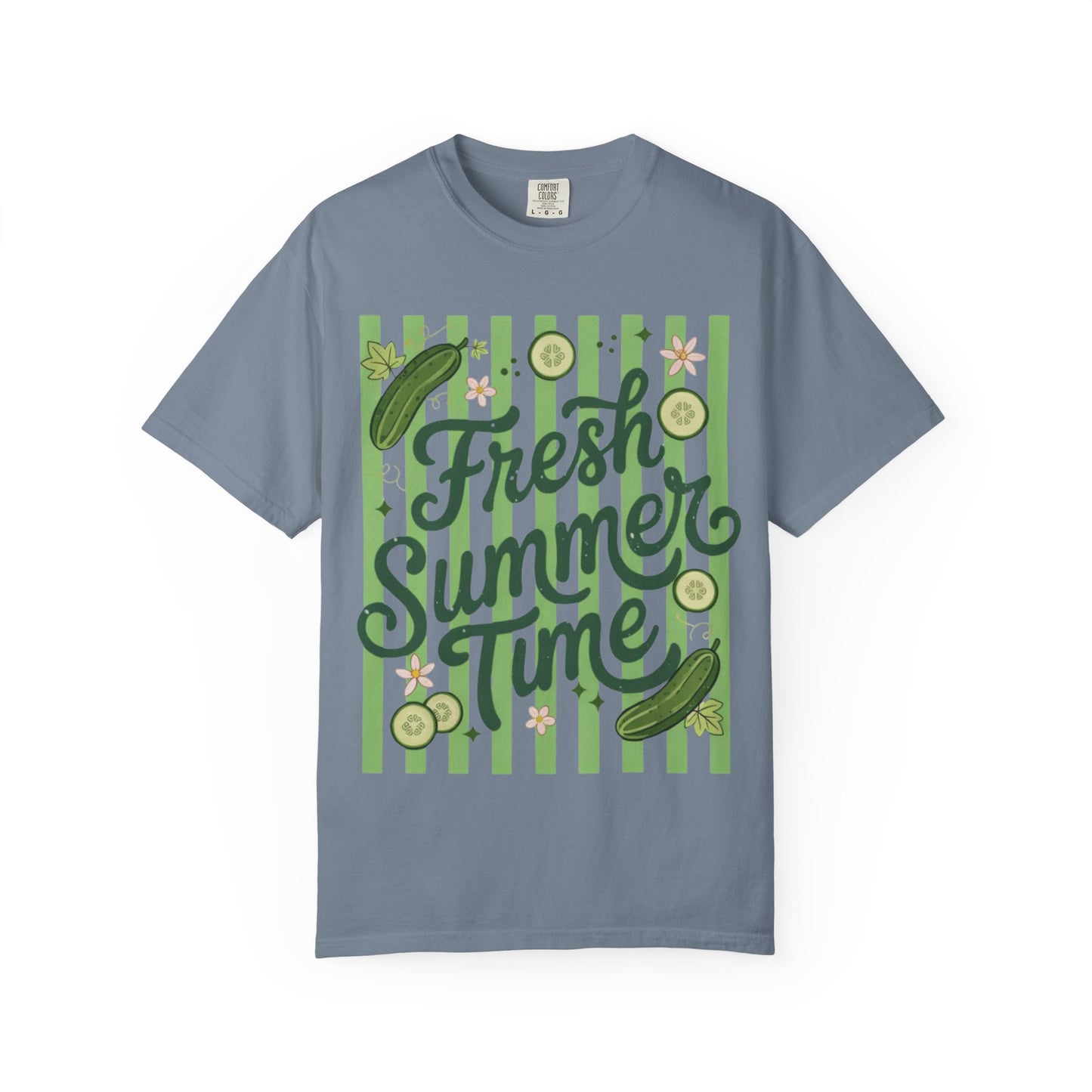 Fresh Summer Time T-Shirt — Green Stripes & Cucumber Graphic