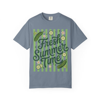 Fresh Summer Time T-Shirt — Green Stripes & Cucumber Graphic