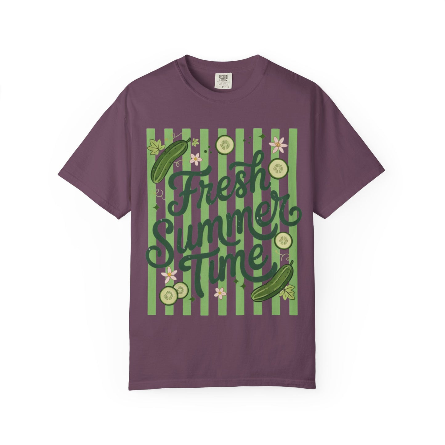 Fresh Summer Time T-Shirt — Green Stripes & Cucumber Graphic