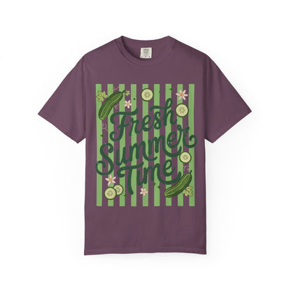 Fresh Summer Time T-Shirt — Green Stripes & Cucumber Graphic