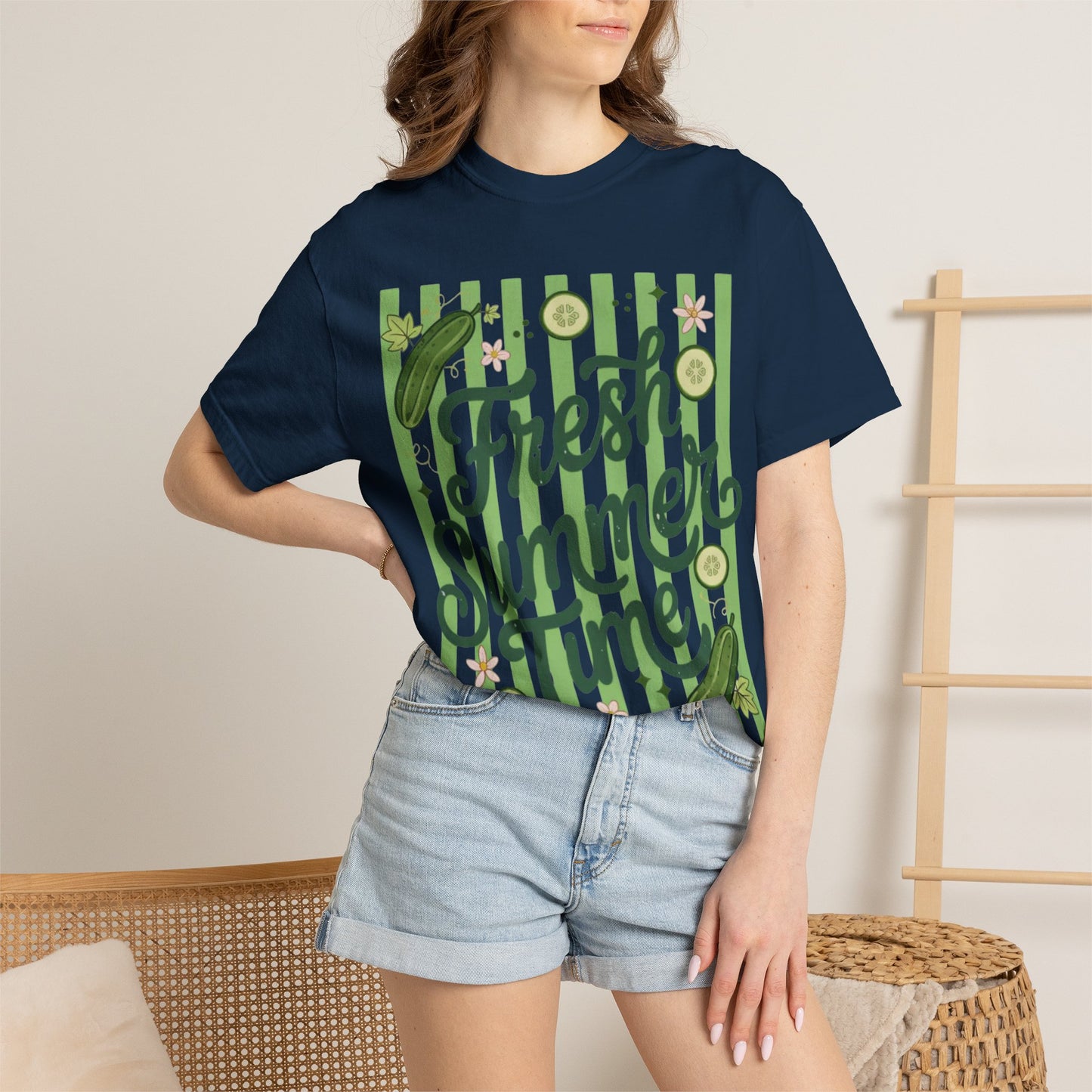 Fresh Summer Time T-Shirt — Green Stripes & Cucumber Graphic