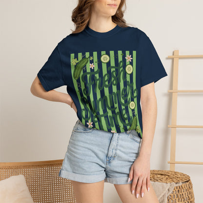 Fresh Summer Time T-Shirt — Green Stripes & Cucumber Graphic