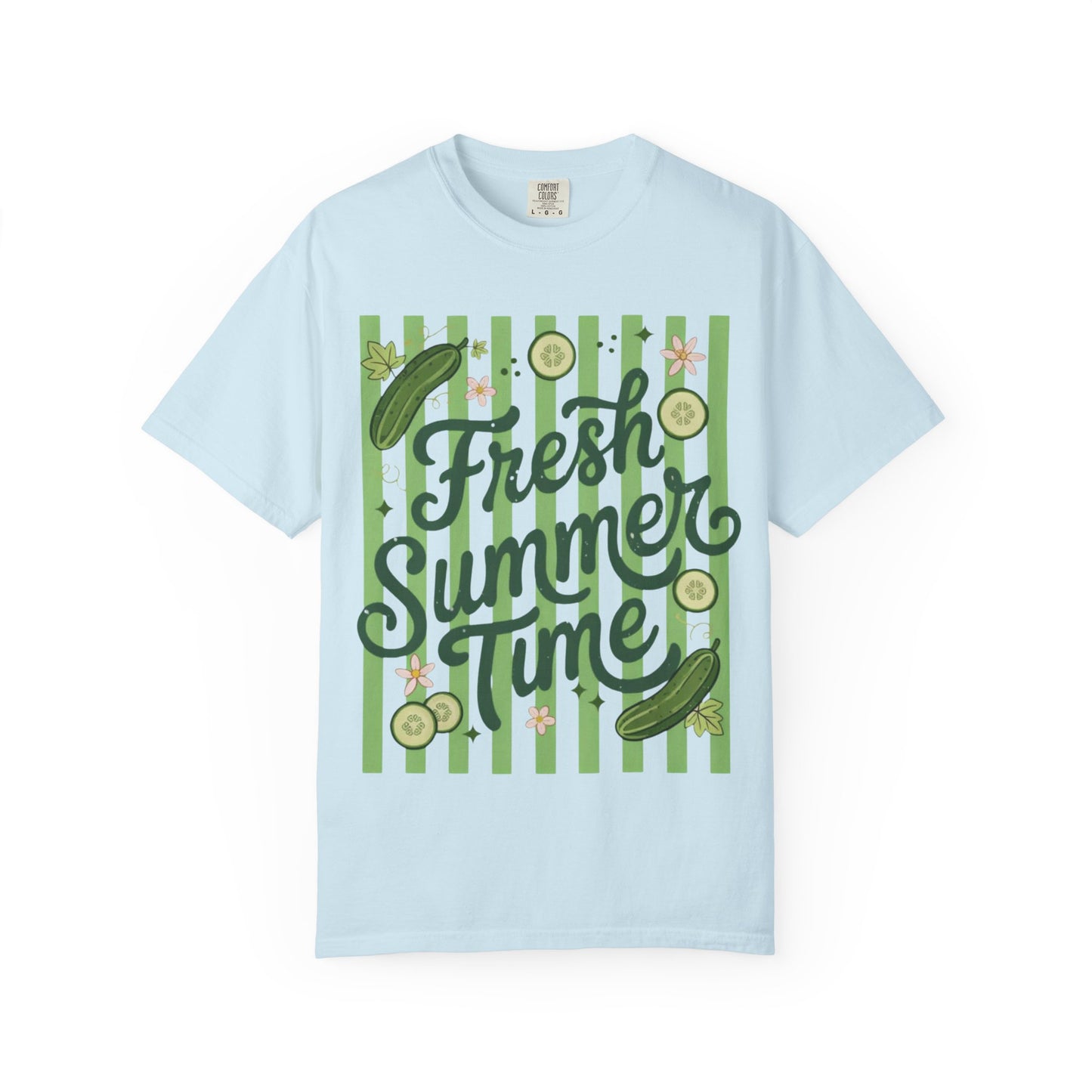 Fresh Summer Time T-Shirt — Green Stripes & Cucumber Graphic