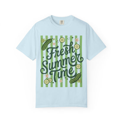 Fresh Summer Time T-Shirt — Green Stripes & Cucumber Graphic