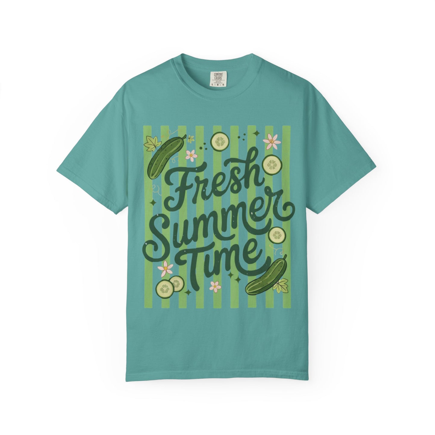 Fresh Summer Time T-Shirt — Green Stripes & Cucumber Graphic