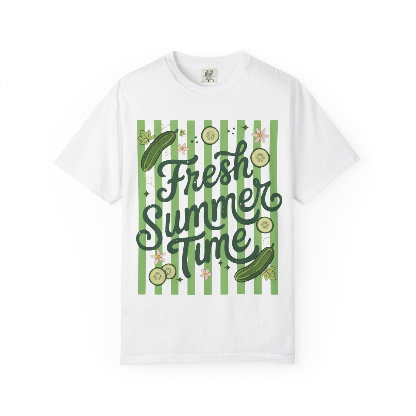 Fresh Summer Time T-Shirt — Green Stripes & Cucumber Graphic