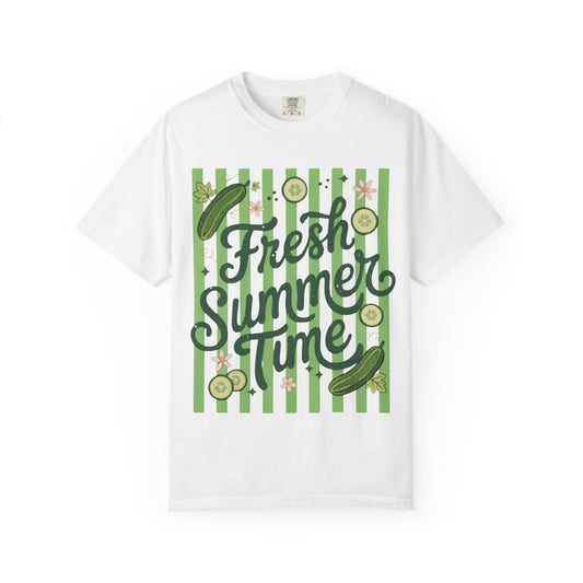 Fresh Summer Time T-Shirt — Green Stripes & Cucumber Graphic
