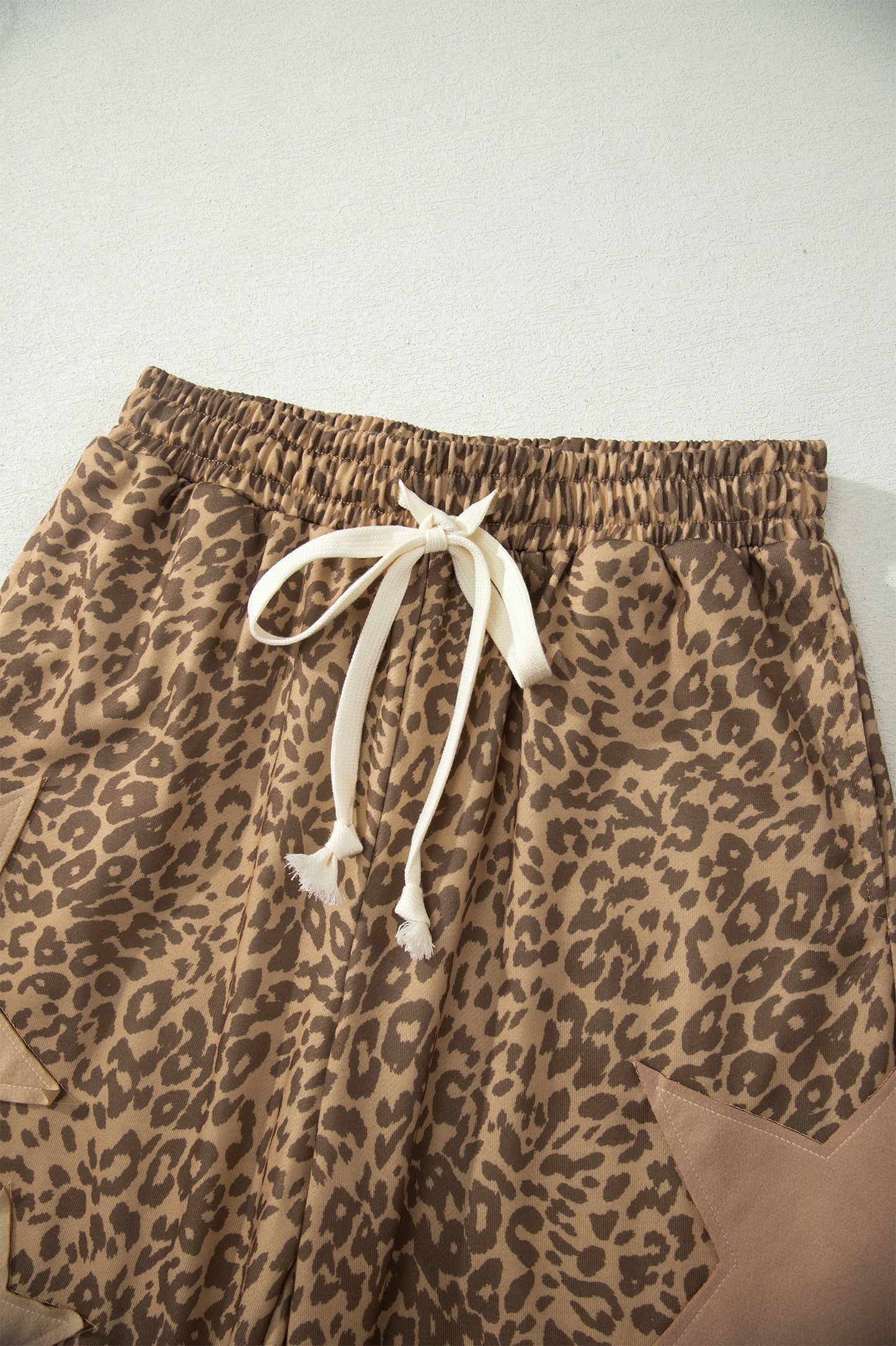 Khaki Leopard Print Star Patched Drawstring Elastic Waist Jogger Pants