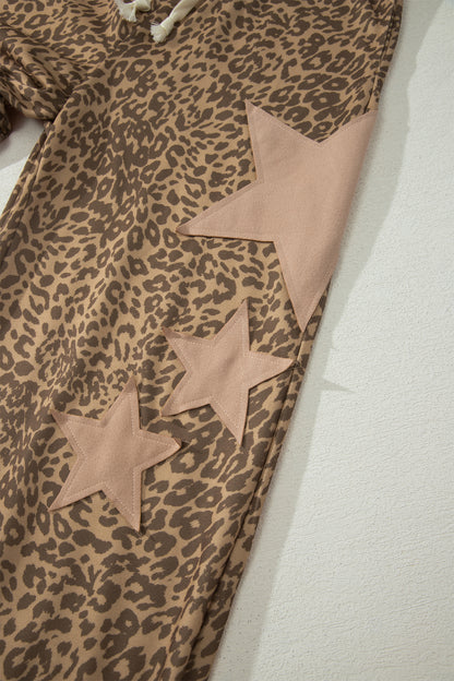Khaki Leopard Print Star Patched Drawstring Elastic Waist Jogger Pants