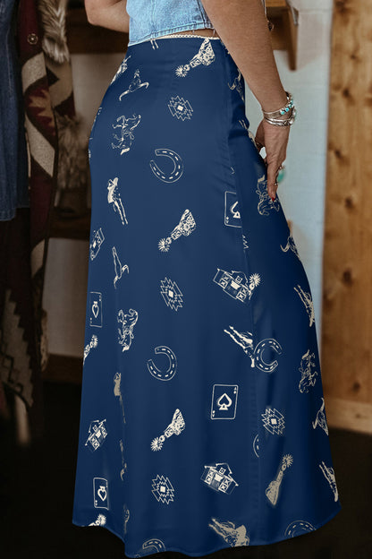 Navy Blue Western Print Satin Long Skirt